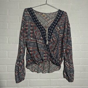 HOLLISTER Womens Blouse White Blue Coral Patterned Long Sleeve V-Neck Tassel Med
